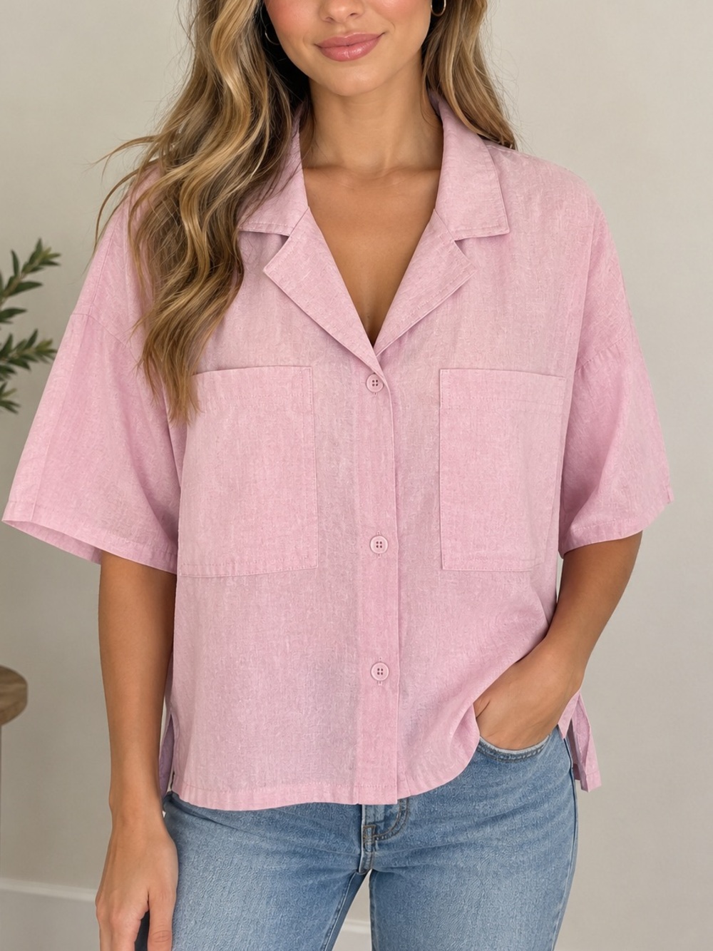 Buffalo David Bitton Linen Light Pink Short-Sleeve Button-Down Shirt